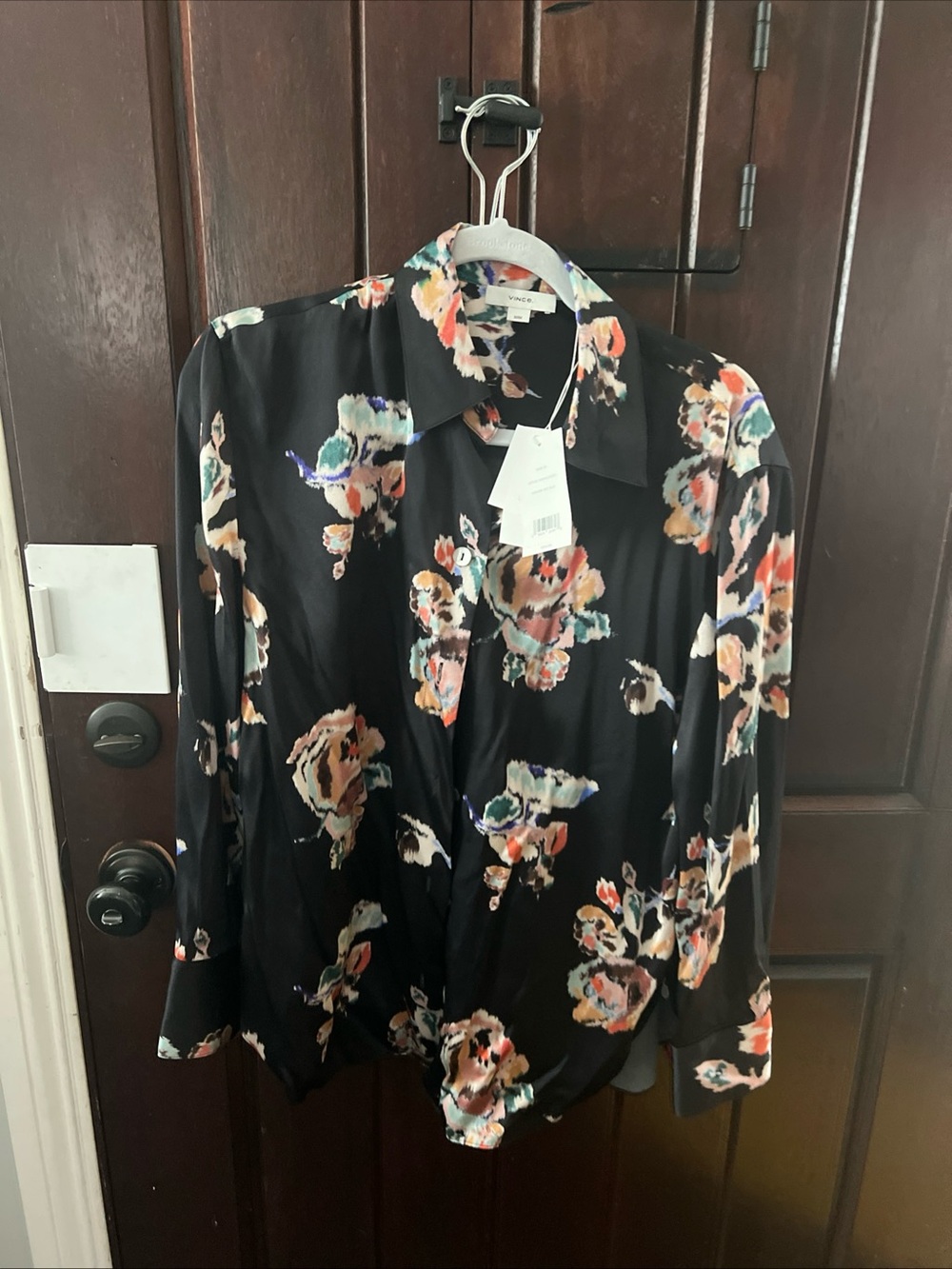 Vince Ikat Black Floral Button-Down silk top blouse